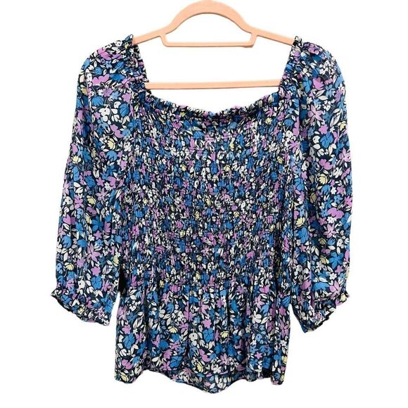 Nanette Lepore Blue floral retro Short sleeve top blouse size medium - Picture 3 of 8